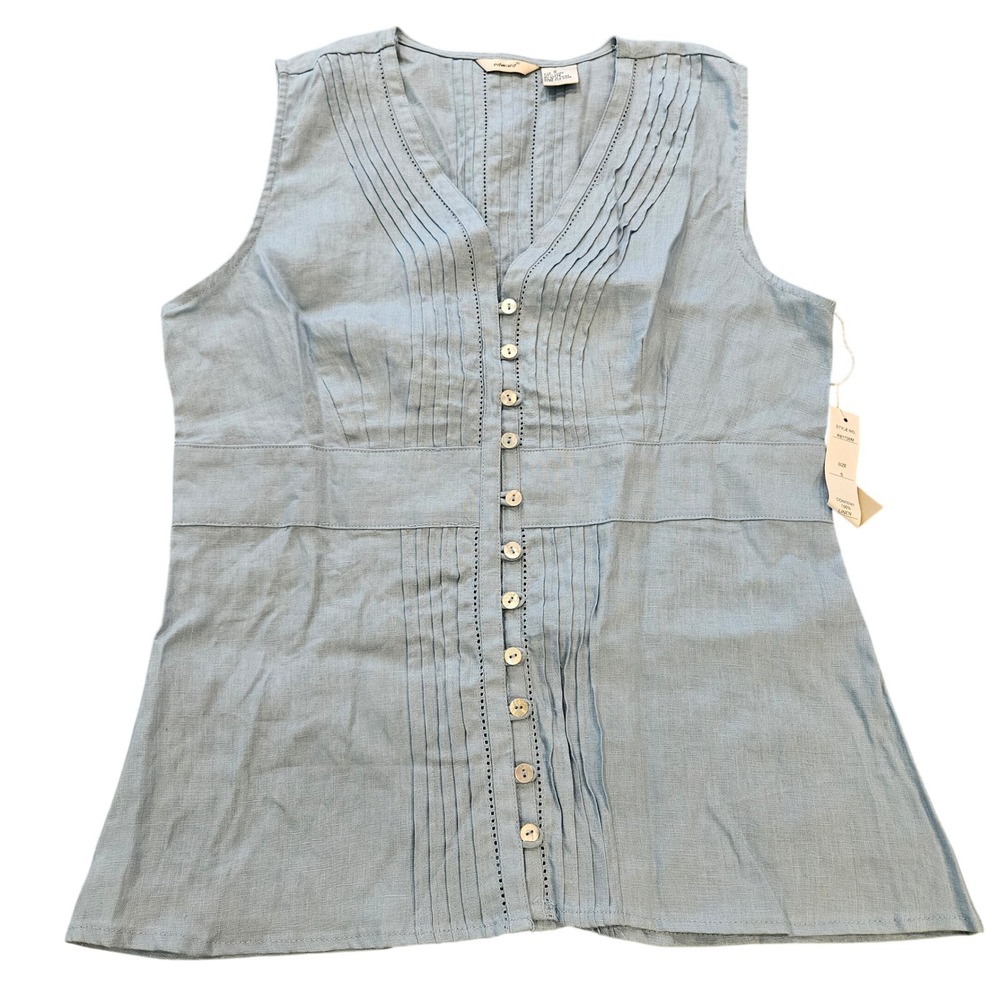 Edward Women Light Blue 100% Linen Sleeveless Pleated Button Front Top Small NWT